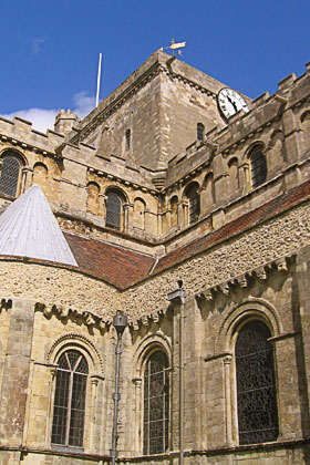 Looking up towards tower of Norman church